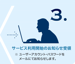 3. サービス利用開始のお知らせ受領　※ユーザーアカウント・パスワードをメールにてお知らせします。